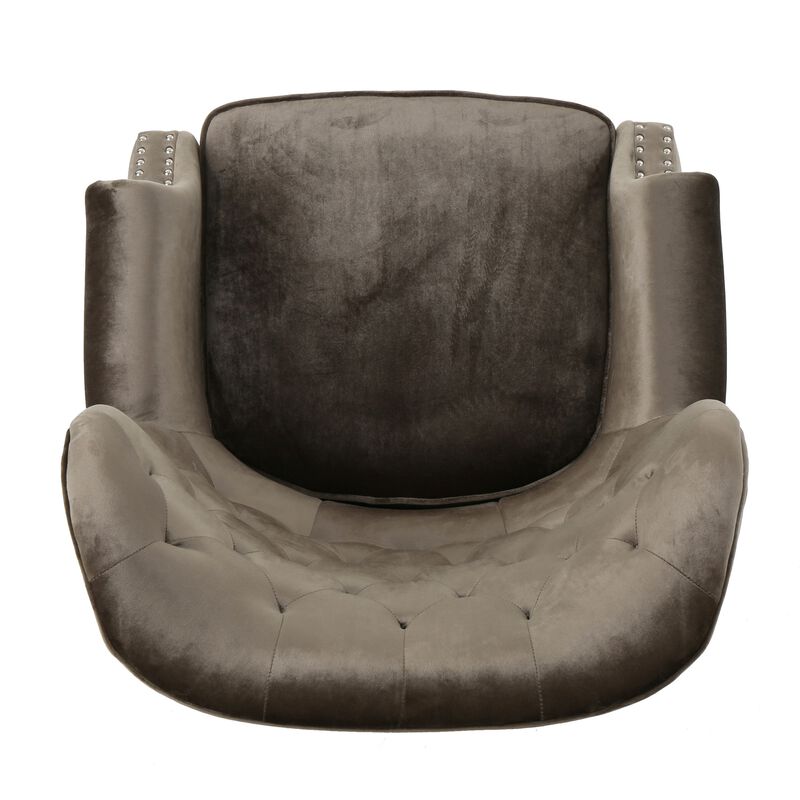 Nire Accent Club Chair, Nailhead Trim, Brown Birch Wood, Gray Velvet - Benzara