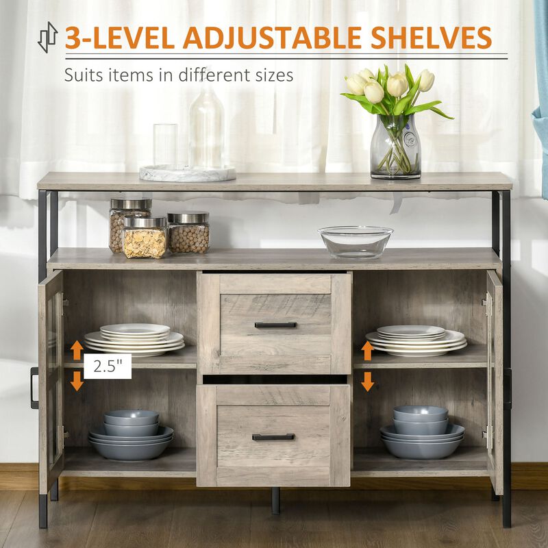 Gray Rustic Storage: Kitchen Sideboard with Glass Doors & Drawers
