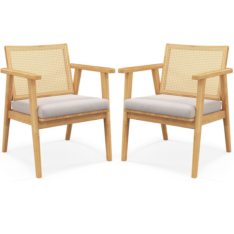 Mid Century Modern Accent Chairs Set of 2 with Breathable Rattan Back-Natural