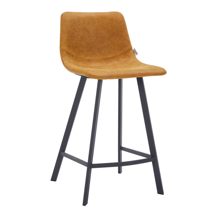 Elland Modern Upholstered Leather Bar Stool With Black Iron Legs & Footrest