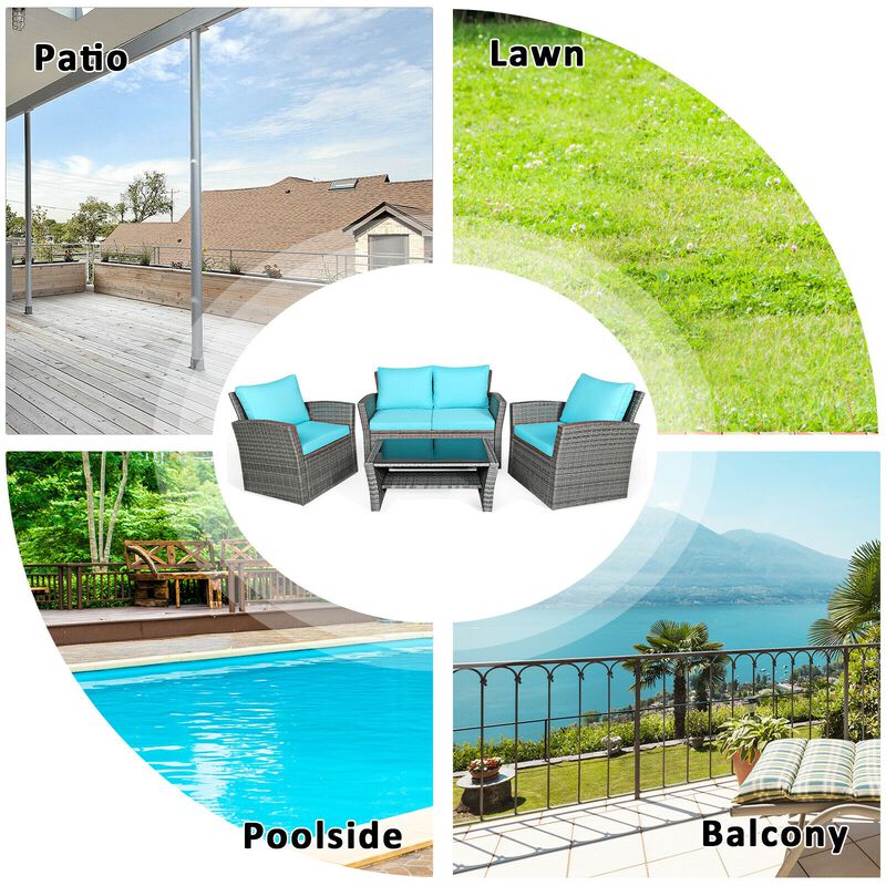 4 Pieces Patio Rattan Furniture Set Sofa Table with Storage Shelf Cushion