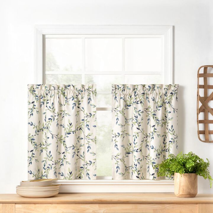 Ellis Vintage Stylish Medium Scale Printed Vine Pattern 1.5" Rod Pocket Tier for Windows 56"x24" Azure