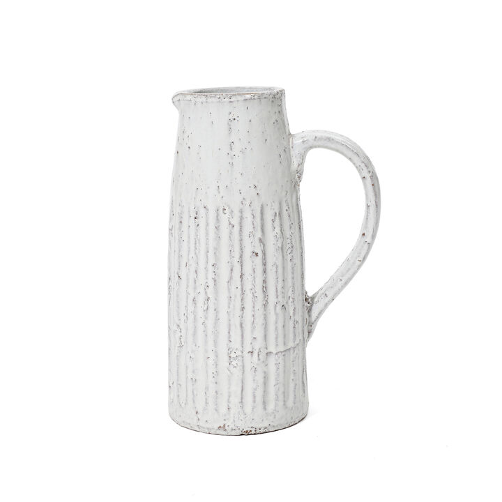 LuxenHome Vintage White Ribbed Terracotta Pitcher Vase with Handle
