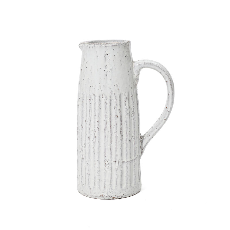 LuxenHome Vintage White Ribbed Terracotta Pitcher Vase with Handle