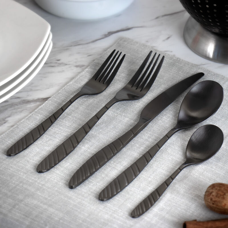 MegaChef La Vague 20 Piece Flatware Utensil Set, Stainless Steel Silverware Metal Service for 4 in Matte Black