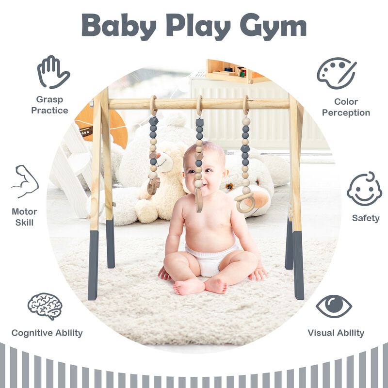 Portable 3 Wooden Newborn Baby Exercise Activity Gym Teething Toys Hanging Bar