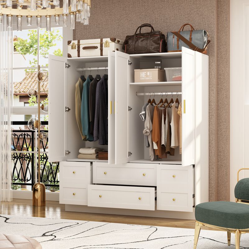 FUFU&GAGA Four-Door Wardrobe with Six Drawers and Adjustable Shelves (63" W x 19.7" D x 70.9" H),White