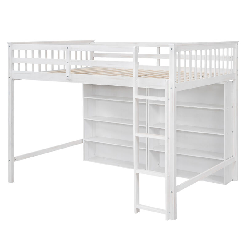 Full Size Loft Bed With 8 Open Storage Shelves And Builtin Ladder, White