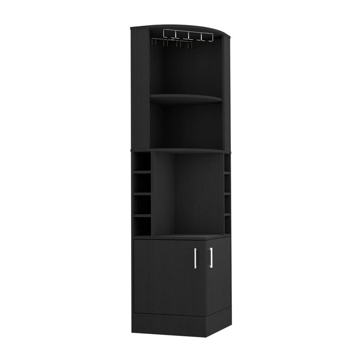 Syrah Corner Bar Cabinet, Eight Bottle Cubbies, Double Door, Two Open Shelves-Black