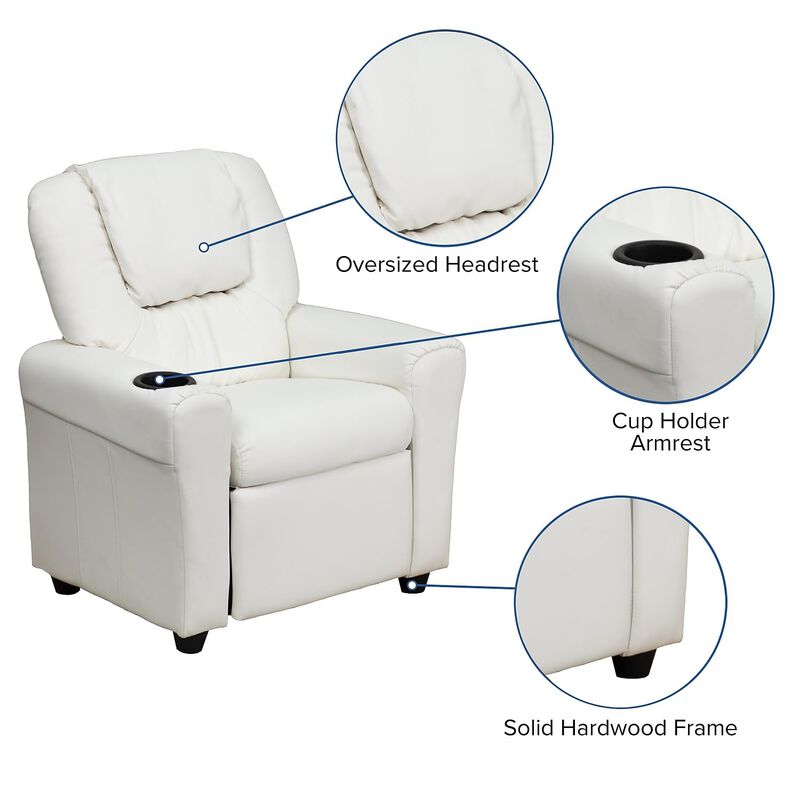 Flash Furniture Vana Vinyl Kids Recliner with Cup Holder, Headrest, and Safety Recline, Contemporary Reclining Chair for Kids, Supports up to 90 lbs., White
