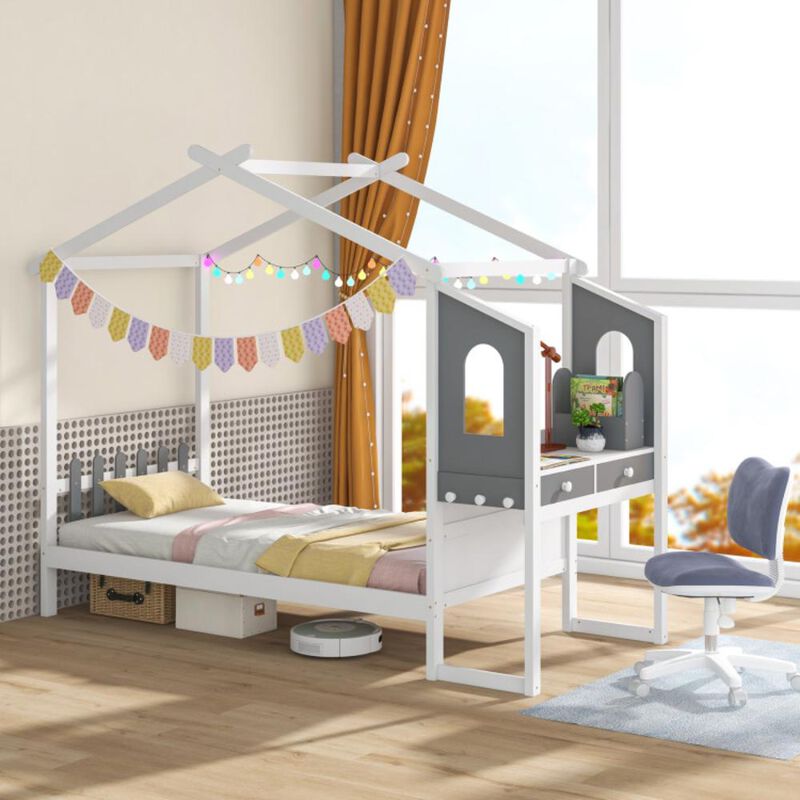 Hivvago Twin/Full Bed Frame with House Roof Canopy and Fence for Kids
