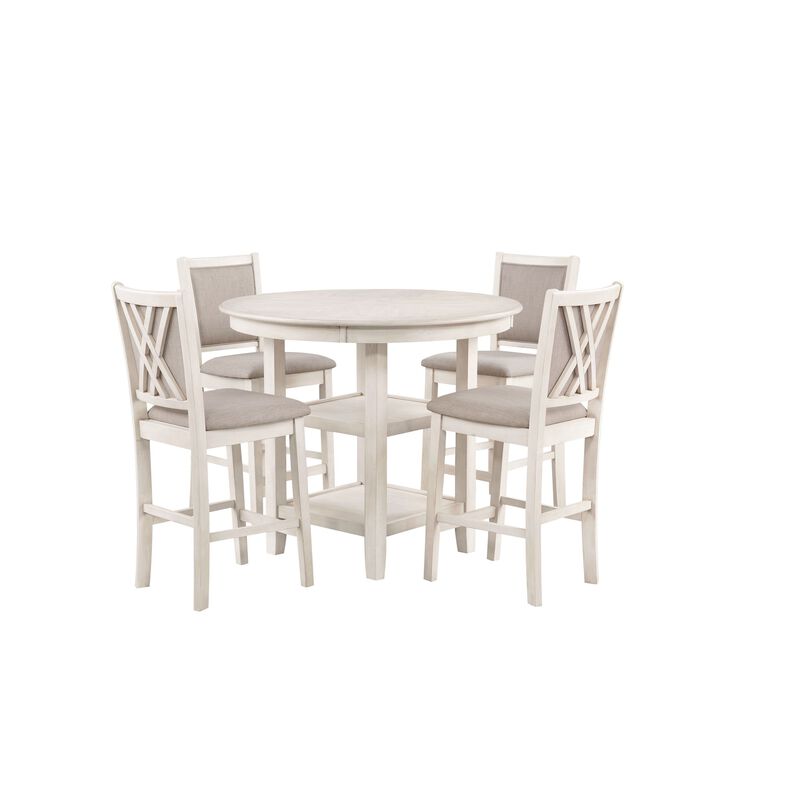 Aine 5 Piece Round Counter Dining Table, Chair Set, White Wood, Fabric Seat - Benzara