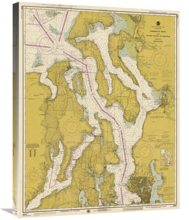 Nautical Chart - Admiralty Inlet and Puget Sound to Seattle ca. 1975 - Sepia Tinted-Canvas Art-23.7x30