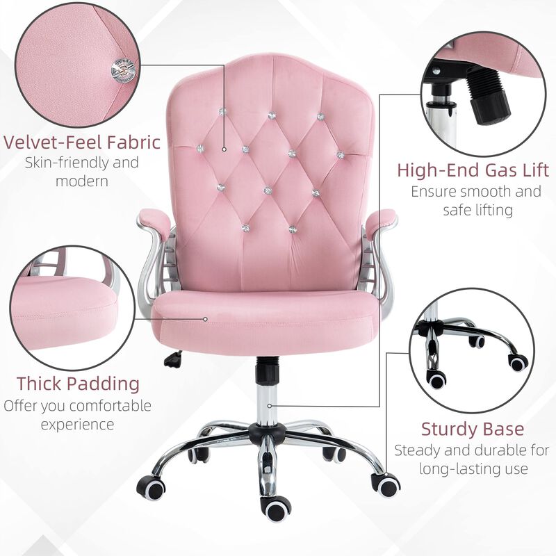Pink Velvet Computer Chair: Button Tufted, Swivel Wheels