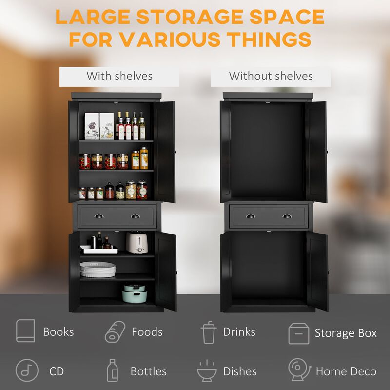 72" Black Kitchen Pantry: Freestanding, Cabinet Storage