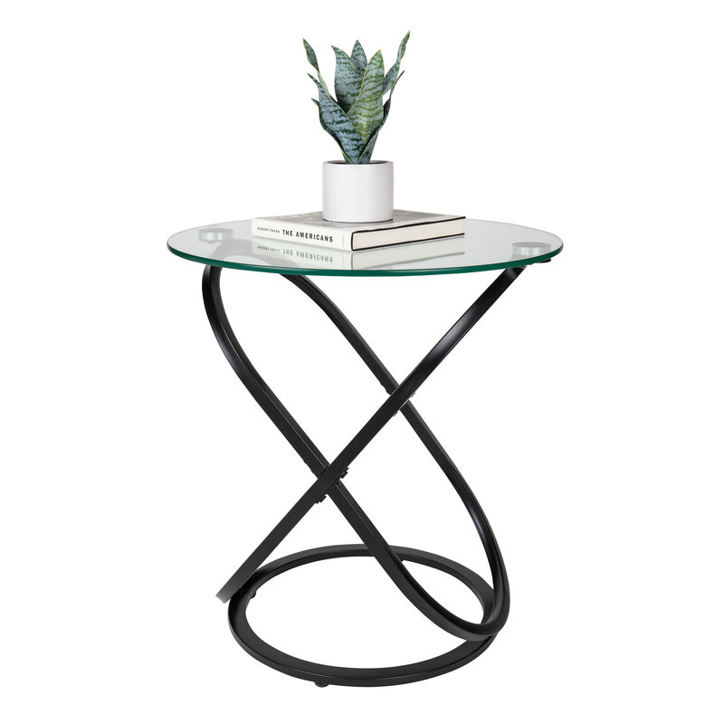 Galaxy Tempered Glass Round End Table with Cross Base Metal Frame