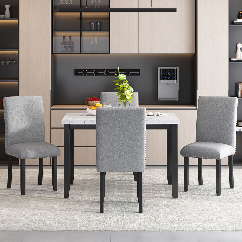 5-Piece  Dining Table Set for 4, Modern Kitchen Table and Chairs Set of 4, Marble Dining Table with 4 Upholstered Chairs for Small Space (White/Light Gray+Black)