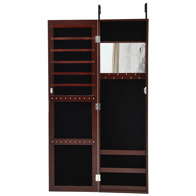 Full Length Mirror Jewelry Cabinet with Ring Slots and Necklace Hooks-Brown