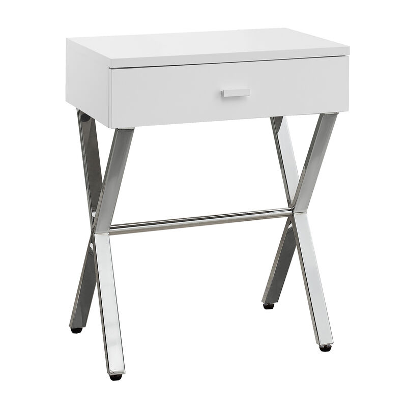 Monarch Specialties I 3262 Accent Table, Side, End, Nightstand, Lamp, Storage Drawer, Living Room, Bedroom, Metal, Laminate, Glossy White, Chrome, Contemporary, Modern