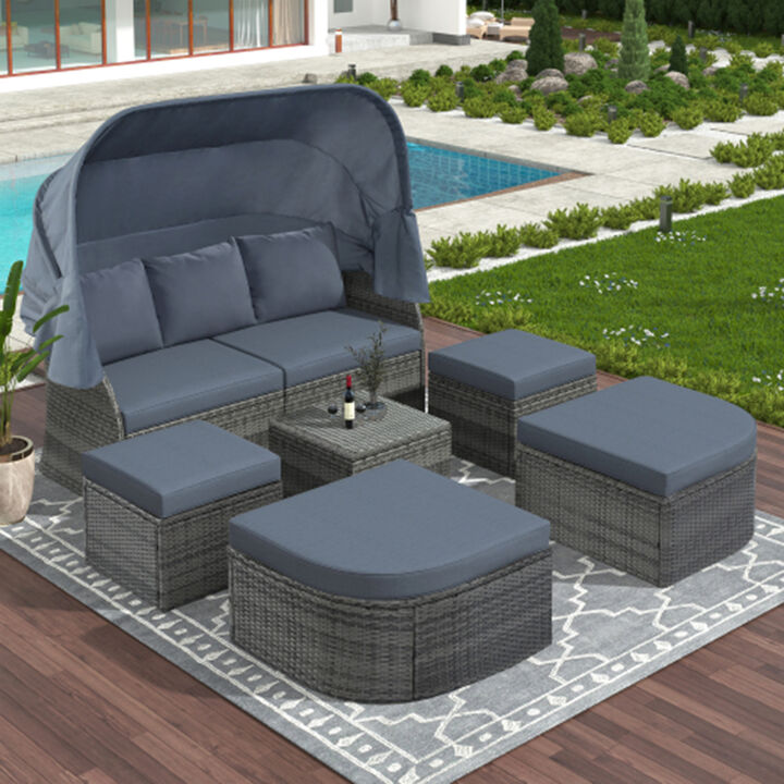 Merax Outdoor Patio Furniture Set Daybed Sunbed with Retractable Canopy Conversation Set Wicker Furniture