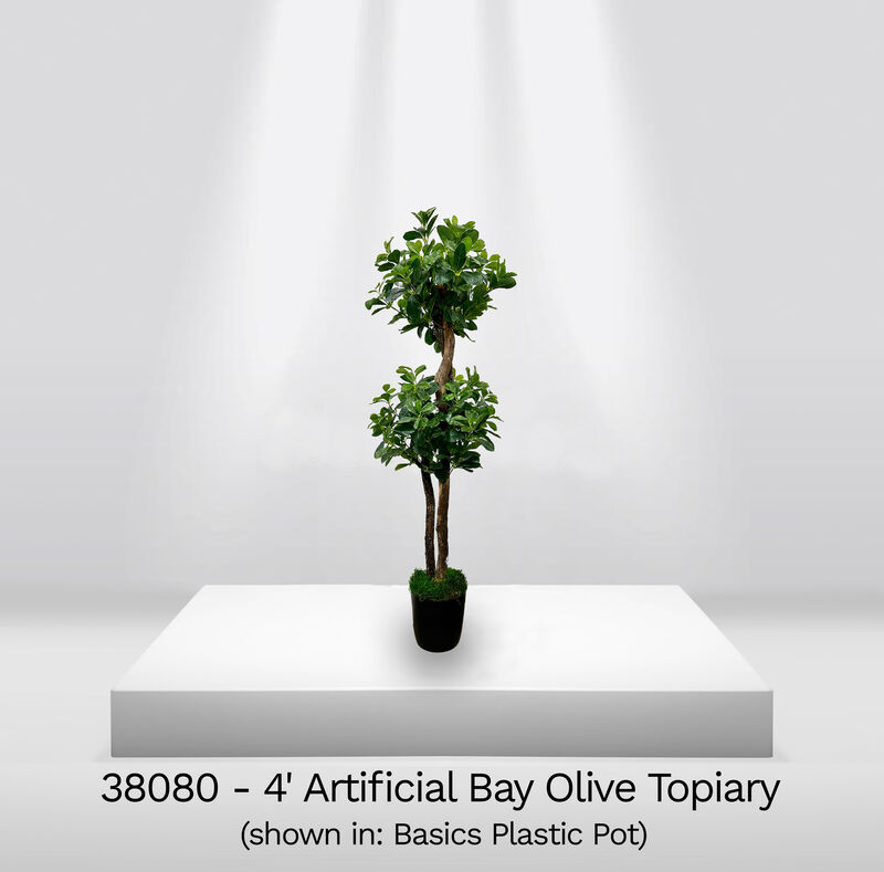 Handmade 4' Artificial Sweet Bay Topiary Tree In Home Basics Plastic Pot Made with Real Wood and Moss Accents