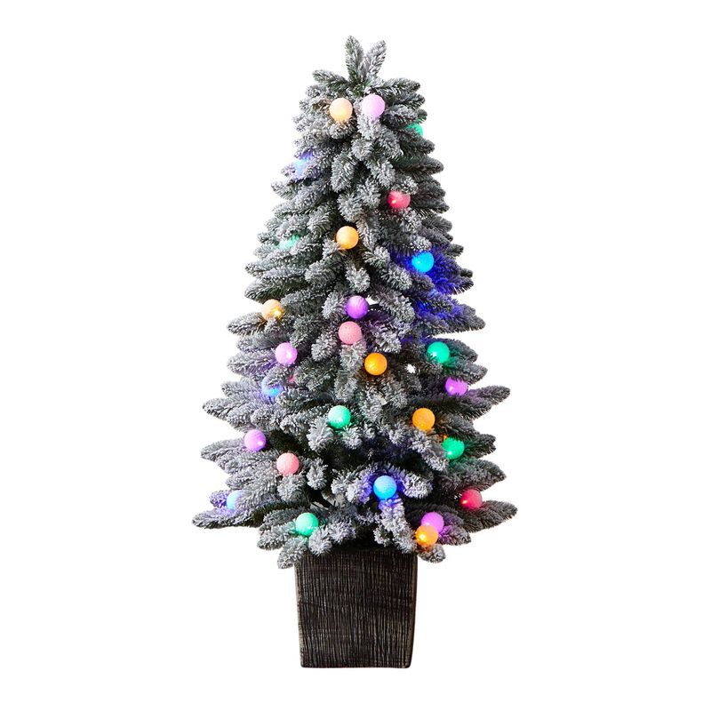 Nearly Natural 4-ft Winter Flocked Pre-Lit Artificial Christmas Tree with 40 LED Globe Lights, 259 Bendable Branches in Decorative Planter, Indoor Outdoor Patio Porch Home Décor