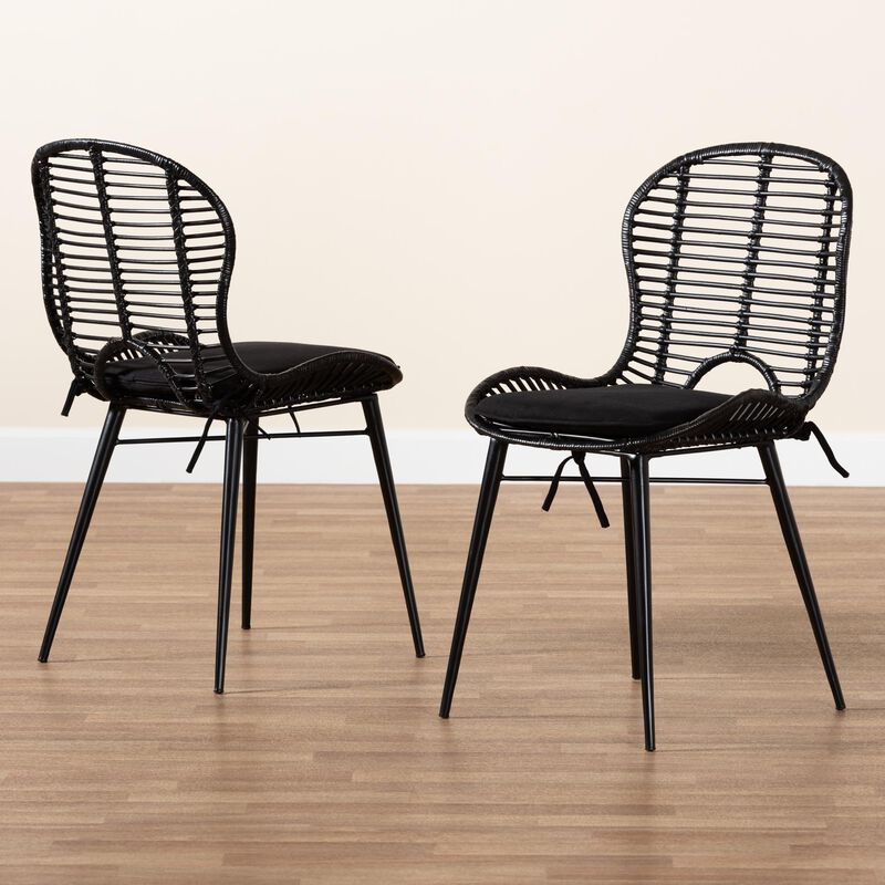Bali & Pari Brenna Modern Bohemian Black Finished Rattan and Metal 2-Piece Dining Chair Set