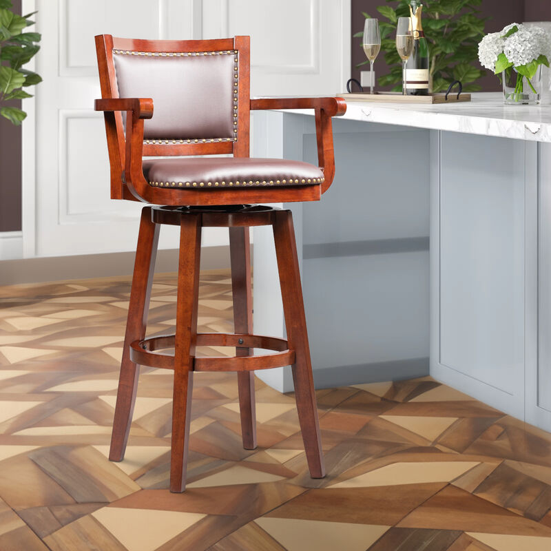 Hugo 34 Inch Swivel Barstool, Wood, Open Rolled Arms, Bonded Leather, Brown-Benzara