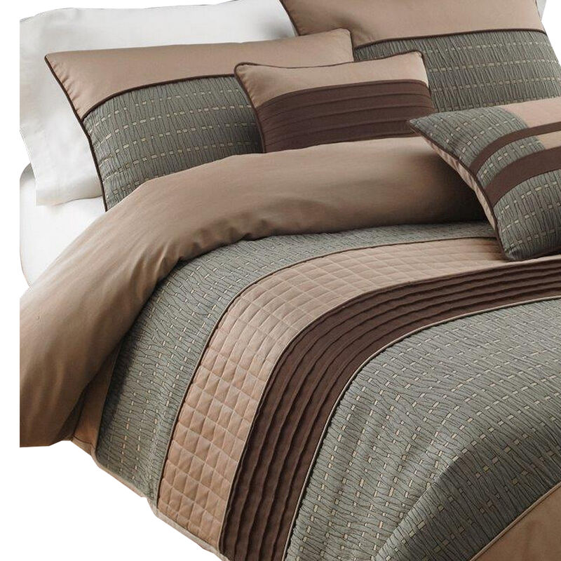 7 Piece King Polyester Comforter Set with Pleats and Texture, Gray and Brown-Benzara