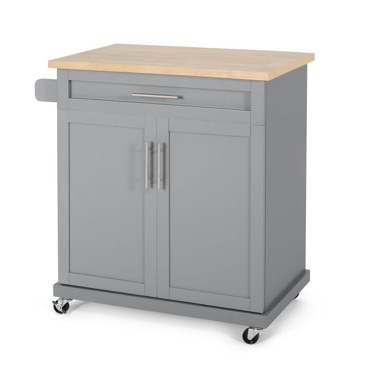 Shine Rolling Kitchen Island Bar Cart, 2 Doors, Gray, Natural Brown - Benzara