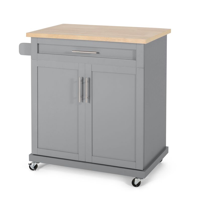 Shine Rolling Kitchen Island Bar Cart, 2 Doors, Gray, Natural Brown - Benzara