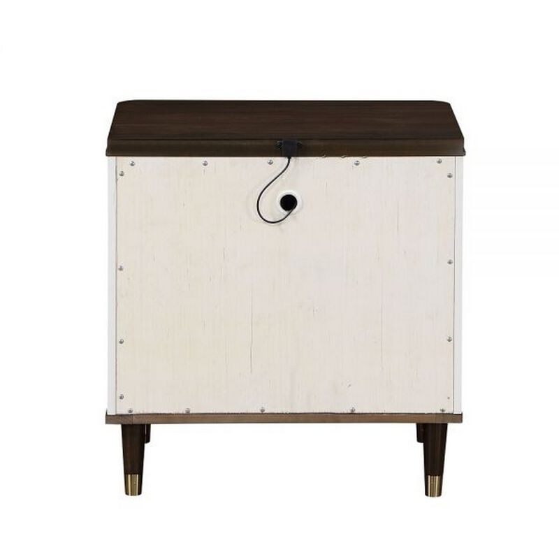 Aren 27 Inch Nightstand, 2 Drawers, USB Charger, Solid Wood, White, Brown - Benzara
