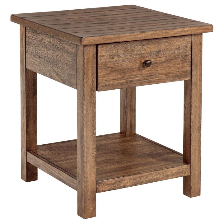 Ayne Side End Table, 1 Shelf, 1 Drawer, Brown Wood, Square 20 Inch - Benzara