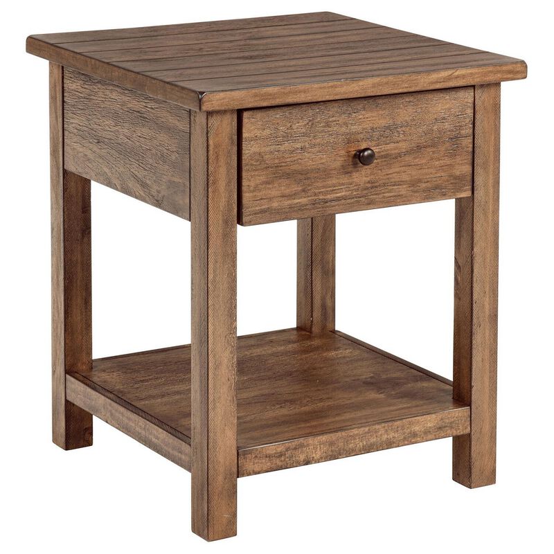 Ayne Side End Table, 1 Shelf, 1 Drawer, Brown Wood, Square 20 Inch - Benzara