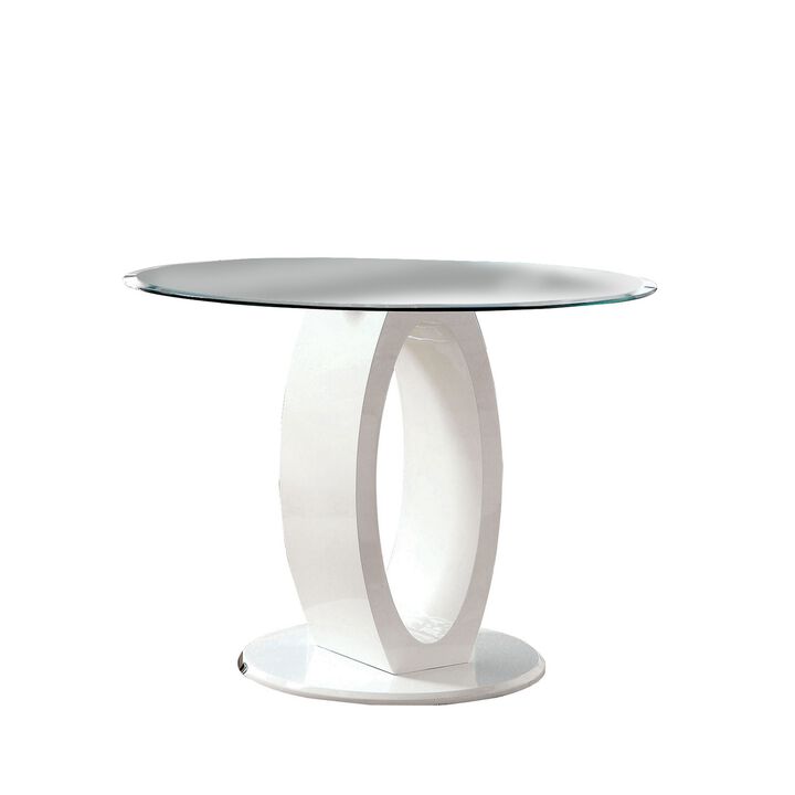 Round Glass Top Counter Height Table with Oval Shaped Base, White-Benzara