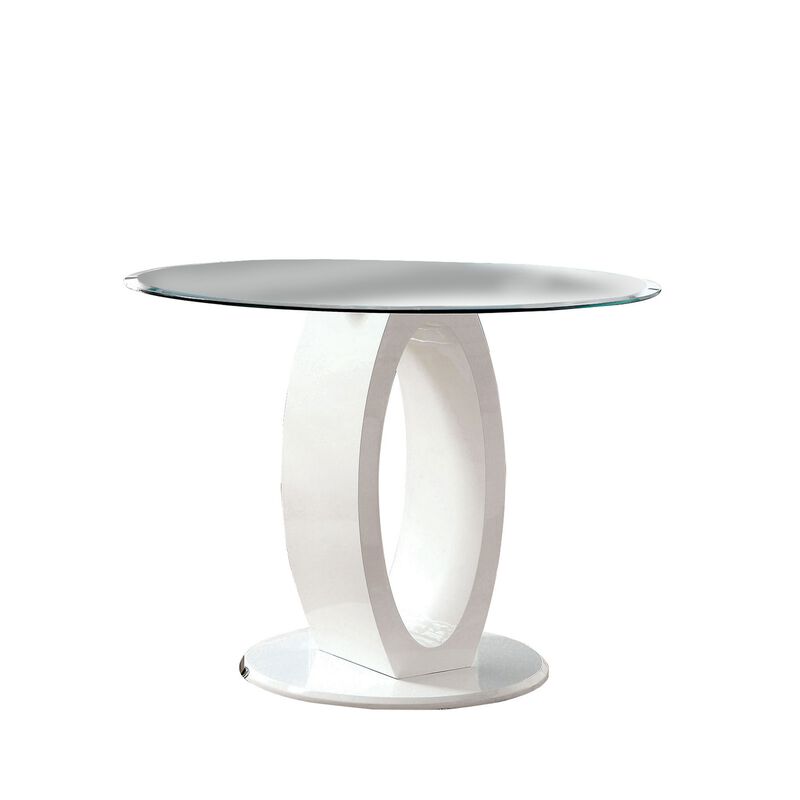Round Glass Top Counter Height Table with Oval Shaped Base, White-Benzara