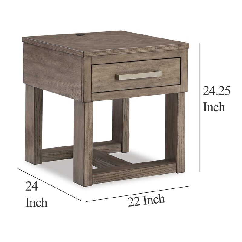 Aska Rectangular Side End Table with Drawer, USB Port, 24 Inch Gray - Benzara
