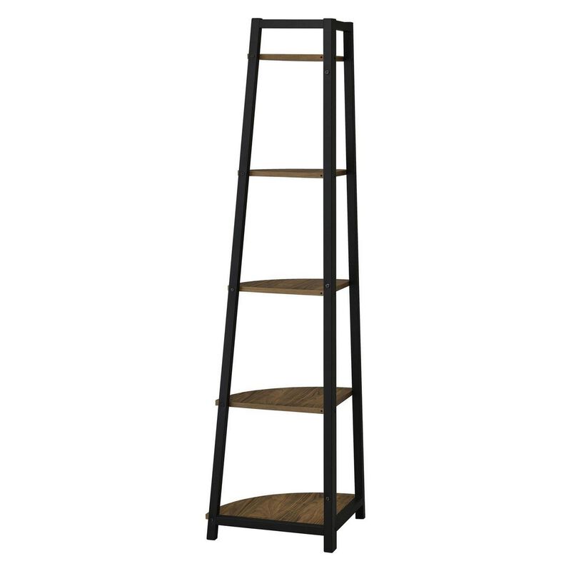 5 Tier Wooden Corner Bookcase with Metal Frame, Brown and Black-Benzara