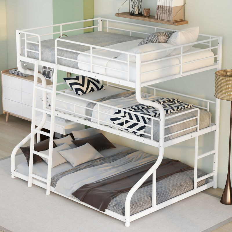 Full XL Over Twin XL Over Queen Size Triple Bunk Bed With Long And Short Ladder