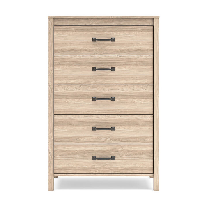 Bette Tall Dresser Chest, 5 Drawers, Light Oak Brown Finish, 60 Inch - Benzara