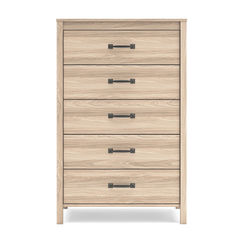 Bette Tall Dresser Chest, 5 Drawers, Light Oak Brown Finish, 60 Inch - Benzara