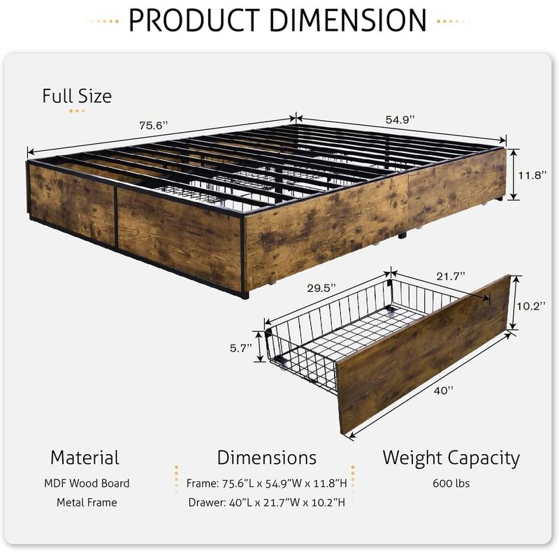 QuikFurn Full Metal Wood Platform Bed Frame with 4 Storage Drawers - 600 lbs Max Weight