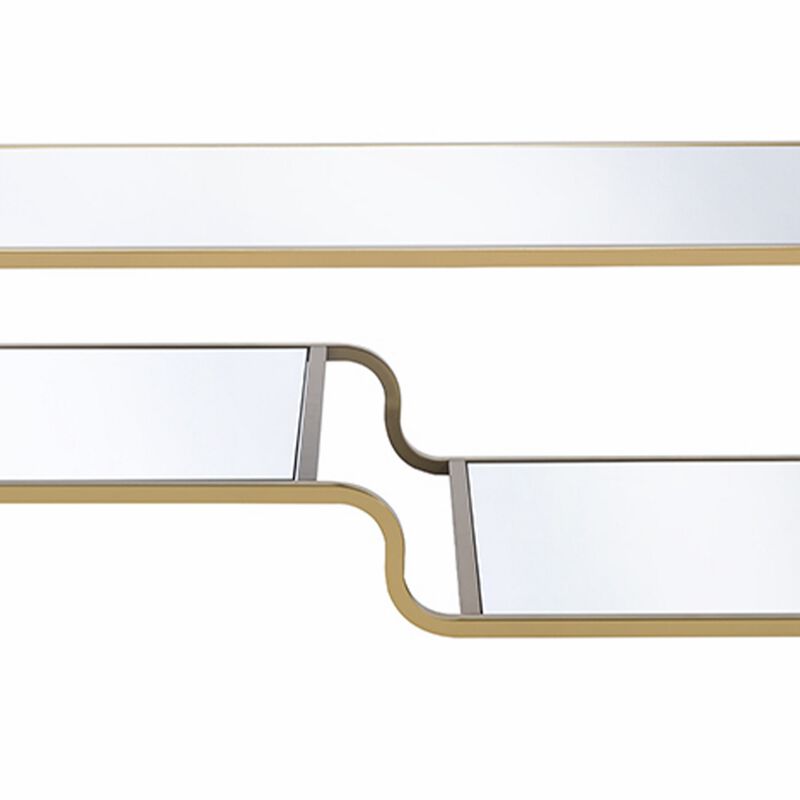 Metal Framed Mirror Coffee Table with Tiered Shelves, Gold and Mirror-Benzara