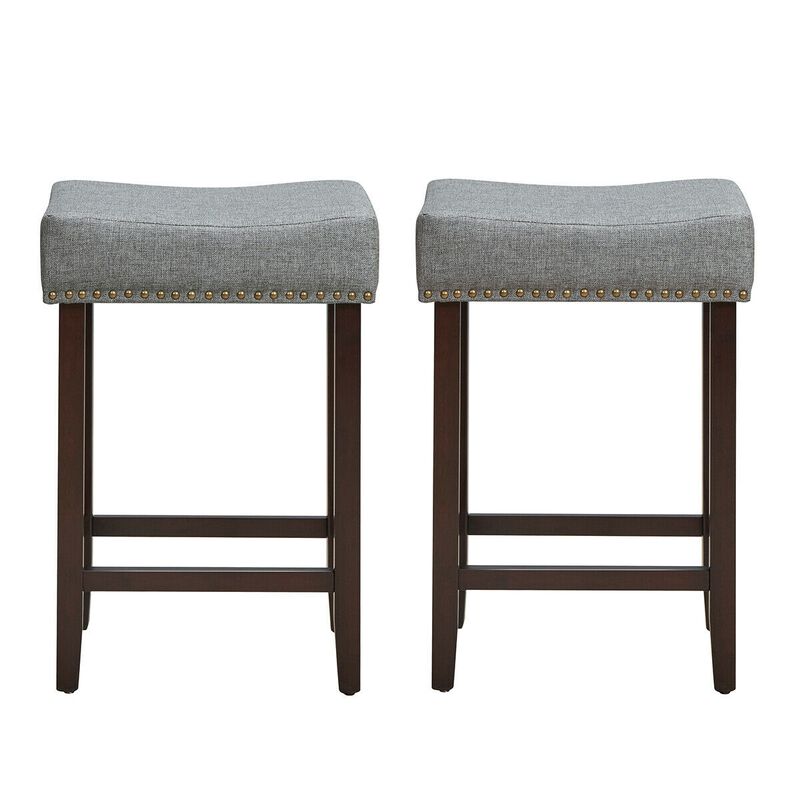2 Pieces Nailhead Saddle Bar Stools with Fabric Seat and Wood Legs
