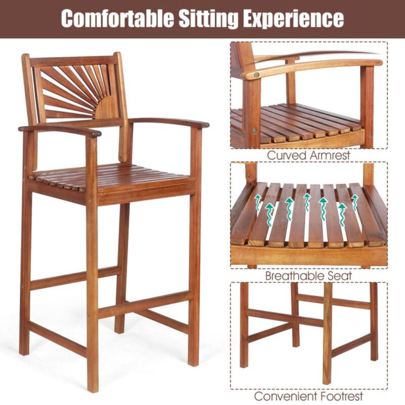 Hivvago 2 Pieces Outdoor Acacia Wood Bar Chairs with Sunflower Backrest and Armrests