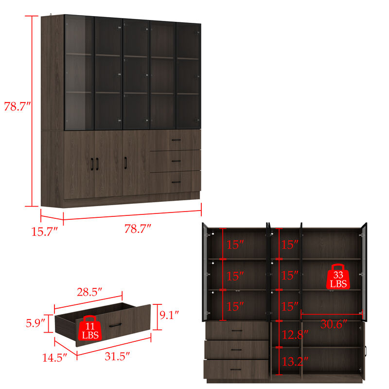 78.7”W Display Cabinet Curio Cabinet with Light & Pop-up Glass Doors, Storage Cabinet Bookcase with 5-Tier Shelves & 3 Drawers for Living Room/Home Office, Dark Brown (78.7”W x 15.7”D x 78.7”H)