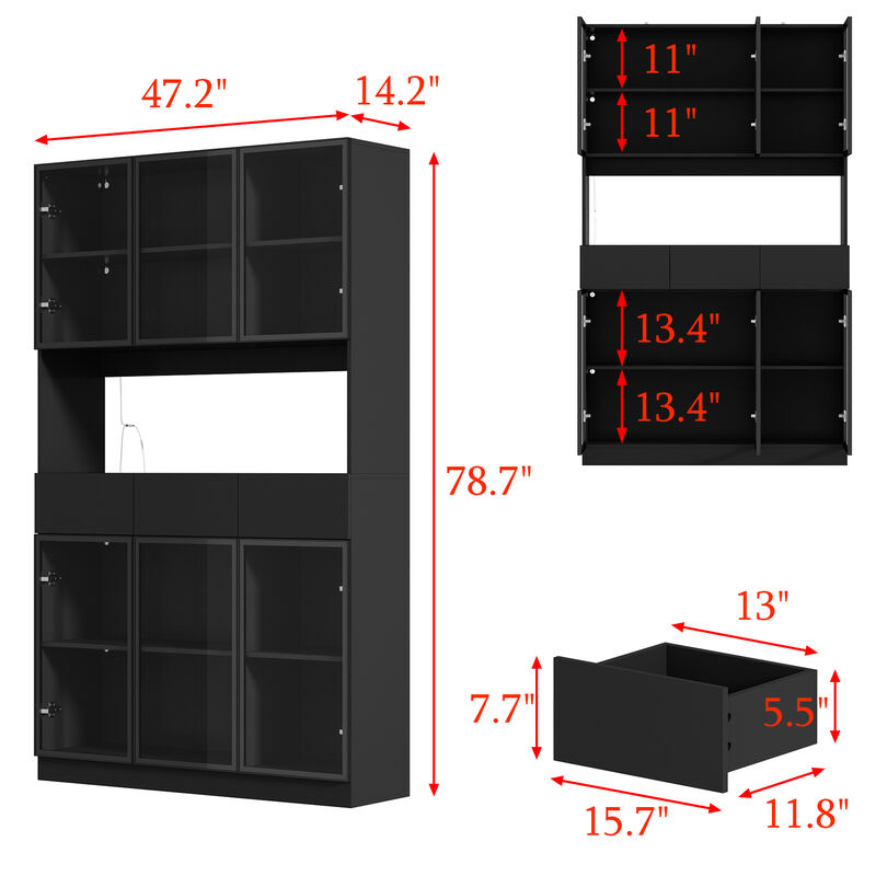 Black Wood 47.2 in. W Buffet Food Pantry W/Hutch, Glass Doors, Adjustable Shelves, LED Lights (14.2 in. D x 78.7 in. H)