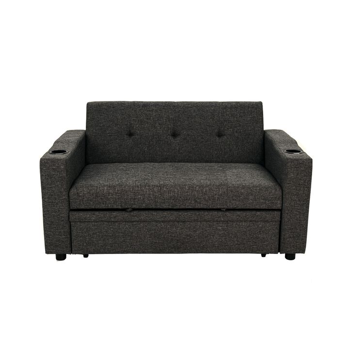 Soen Convertible Sofa w Pull Out Sleeper Bed, 2 Pillows, Charcoal Gray - Benzara