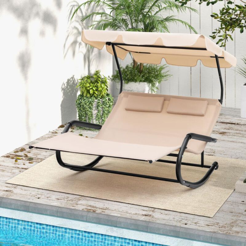 Hivvago Outdoor 2 Persons Rocking Chaise Lounge with Canopy and Wheels