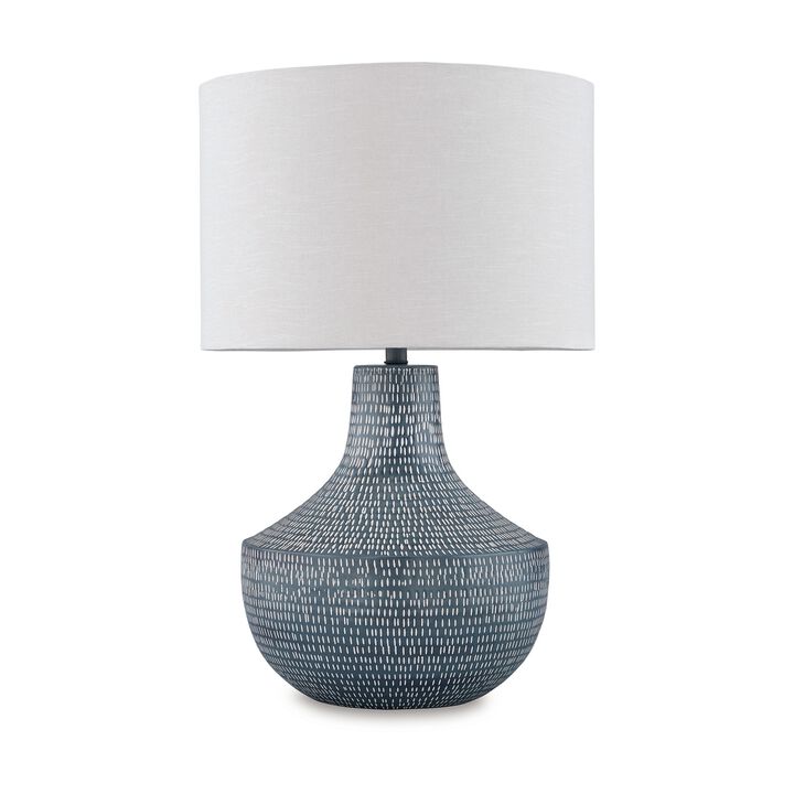 Lym Table Lamp, Gray Hammered Metal Base, White Fabric Shade 28 Inch - Benzara